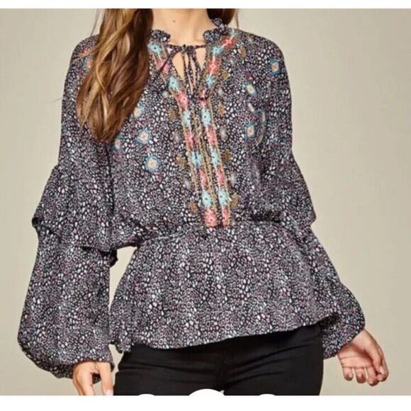Savanna Jane 1X Boho Blouse Top Embroidered Balloon Sleeve Dark Floral Career - Picture 1 of 9